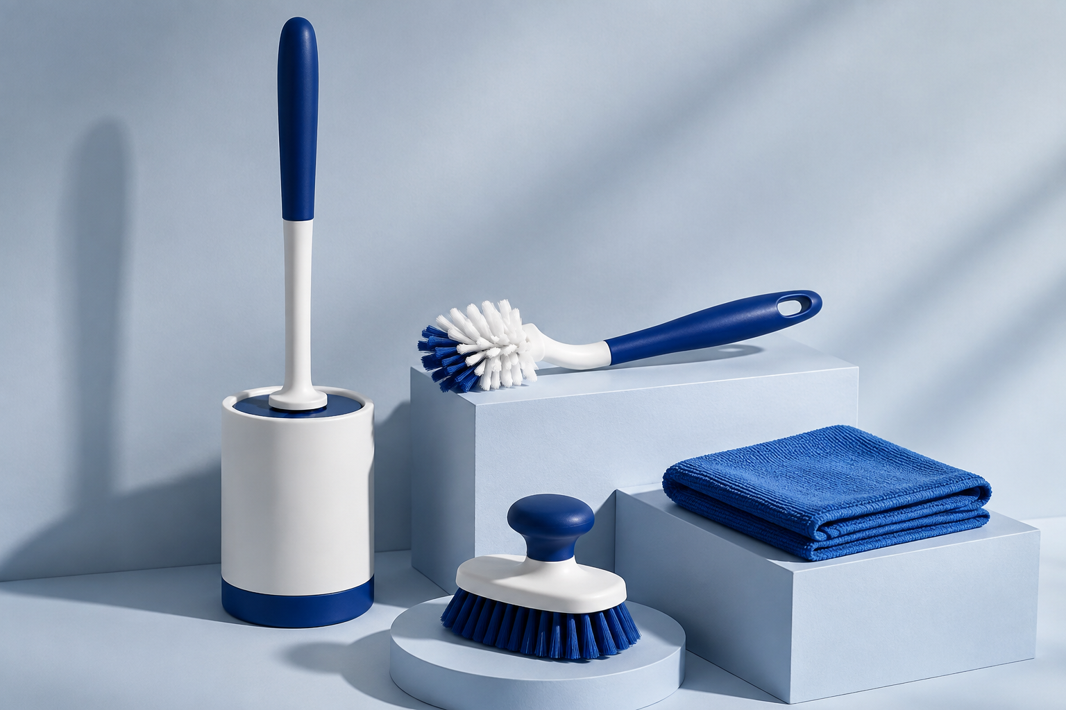 Concept collection of blue and white household cleaning brushes and cloths